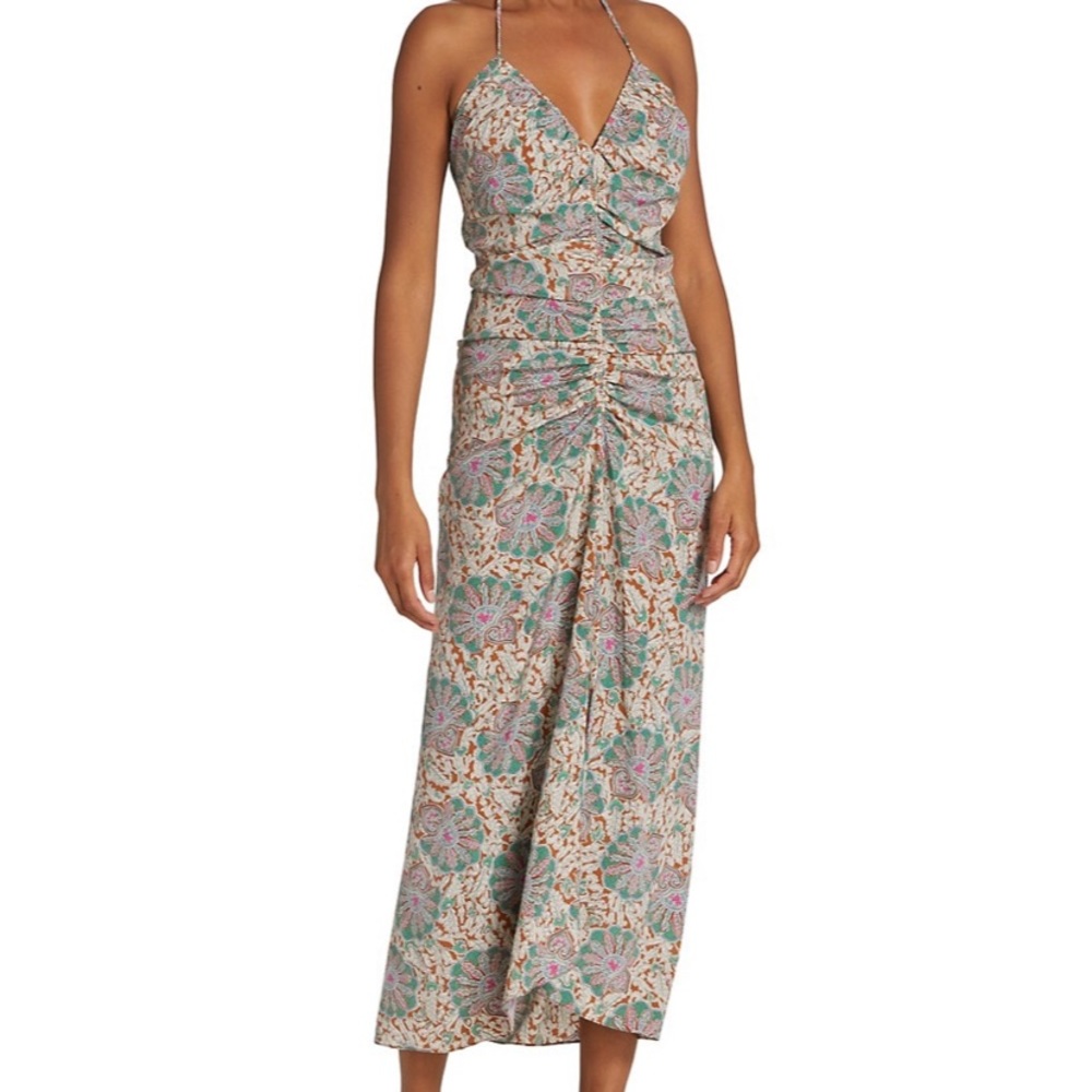 Veronica Beard Aldana Printed Ruched Halter Dress